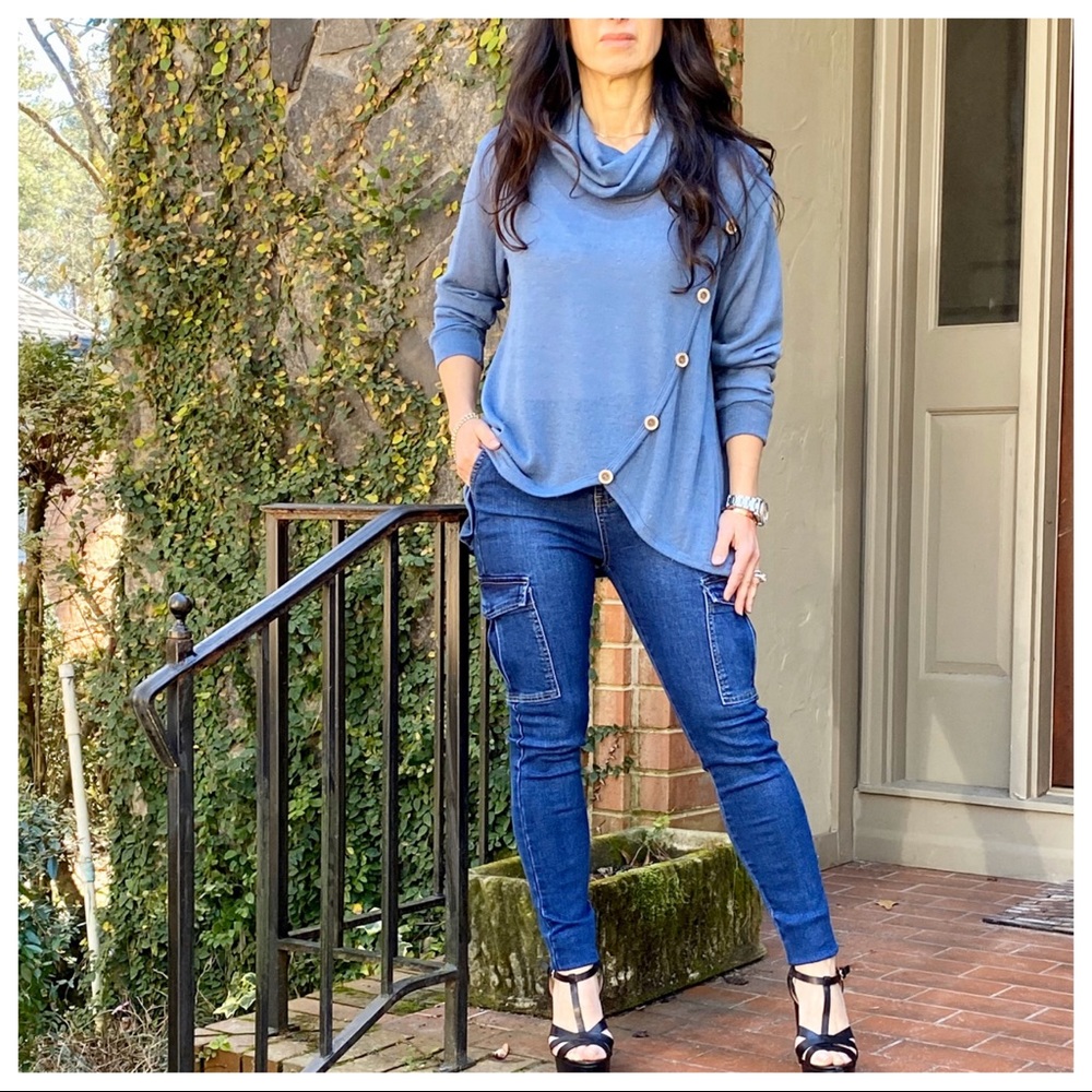 chic side button trim cowl neck knit tunic - Picture 9 of 13